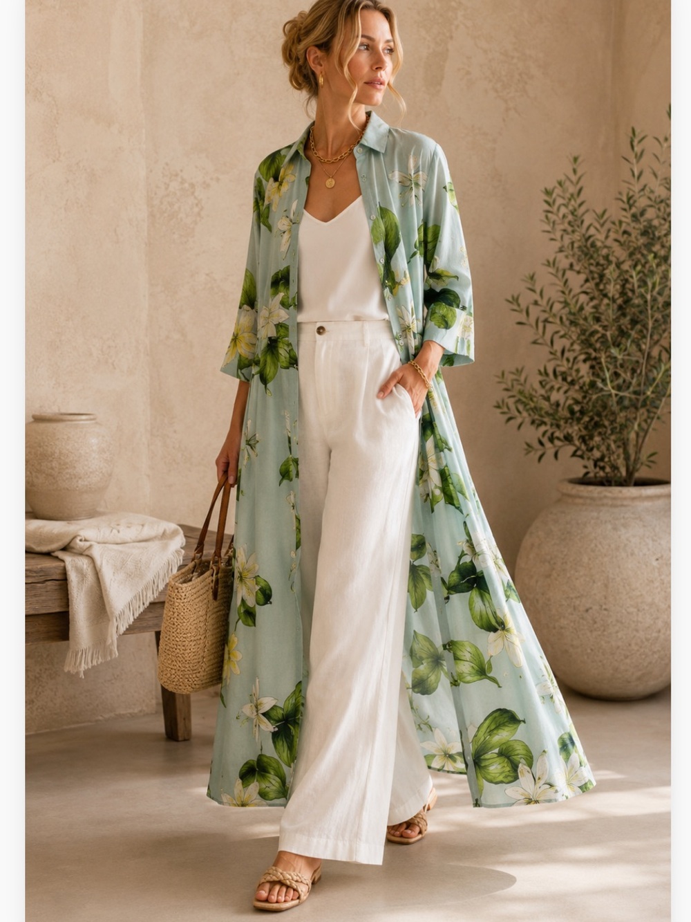 Long Duster Shirt Dress XS Cotton Voile Cottagecore Botanical Romantic Green